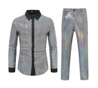 Gefomuofe African Men's Outfit, African Clothing, 2-Piece Set, Islamic Abaya Long Sleeve Shirts, Tribal Shirt, African 2-Piece Set for Men, silver, S