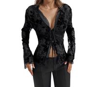 Gefomuofe Chiffon Blouse Women's Transparent Mesh Top Plain Long Sleeve Tops Trumpet Sleeves Cardigan Basic Shirt Festival Outfit Casual Top Streetwear, black, M