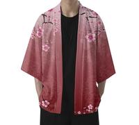 Gefomuofe Men's Happi Kimono Haori Jacket Transition Jacket Coats Hanfu Long Sleeve Shirts Cardigan Cherry Blossom Print Long Sleeve Cardigan Shirt, A wine, L