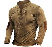 Gefomuofe Men's Linen Shirt Medieval Shirt Viking Costume Lace-Up Shirt Renaissance Victorian Steampunk Pirate Shirt Men's Hawaiian Shirt with Stand-Up Collar V Neck Men's Top, khaki, XXXL