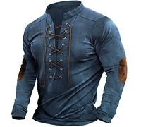 Gefomuofe Men's Linen Shirt Medieval Shirt Viking Costume Lace-Up Shirt Renaissance Victorian Steampunk Pirate Shirt Men's Hawaiian Shirt with Stand-Up Collar V Neck Men's Top, blue, XL