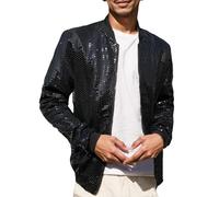 Gefomuofe Men's Metallic Sequin Bomber Jacket Thin Jacket Sequins Stand-Up Collar Coat 70s Disco Party Costume, black, 5XL