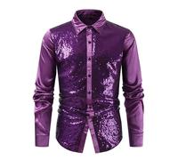 Gefomuofe Men's Sequin Shirt Shiny Business Shirt Casual Shirts Retro Sequins Shirt Glitter Shirt Rave Shirts 80s Outfit Glitter Shirt Disco Ball Theme Party Night Club, purple, 3XL