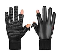 Gefomuofe Men's Winter Faux Leather Gloves Knitted Plain Wool Thickened Brushed Five Finger Cycling Warm Gloves Leather Clothing Gloves Winter Knitted Finger Gloves, C Black, One size