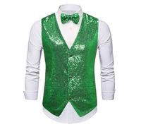 Gefomuofe Sequin Vest Men's Glitter Vest Coat Suit Vest Costume V-Neck Sleeveless Vests Dance Costume Accessories Disco Carnival Costume Host Singer Presenter Vest with Bow Tie, Green, XL