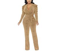 Gefomuofe Women's Business V-Neck Jumpsuit Glitter Elegant Jumpsuit Long Sleeve Playsuit with Belt One Piece Festive Bodysuit Carnival Costume, gold, XXL