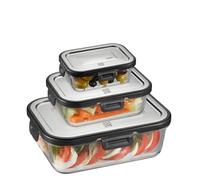 Gefu MILO Food Storage Container Set, 3-Piece Rectangular, Borosilicate Glass with Stainless Steel Lid and App Control