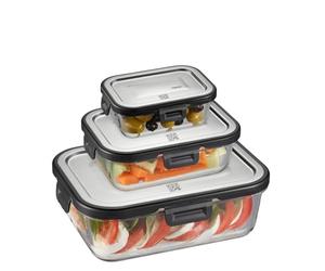 Gefu MILO Food Storage Container Set, 3-Piece Rectangular, Borosilicate Glass with Stainless Steel Lid and App Control