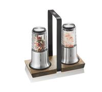 Gefu X-Plosion Salt & Pepper Mill Set With Acacia Wood Tray Silver