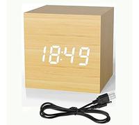 Gefyri Wooden Digital Alarm Clock With Date Temperature Time Display USB Powered,Adjustable Brightness With Snooze Function Cube Clock Desk Clock For Office, Bedrooms,Living Room (Bamboo Color)
