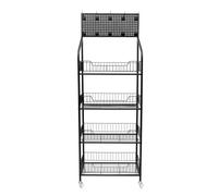 gegeweeret Snack Candy Display Organizer,4 Tier Retail Display Rack Stand, Snack Rack, Basket Stand Cart for Store Kitchen, Floor-Standing Supermarket Retail Display Shelf with 10 Hooks (Black)