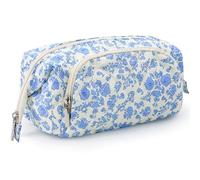 GEHORDEN Travel Quilted Makeup Bag,Wide-open Floral Coquette Cosmetic Bag for Women Girls,Cotton Toiletry Bag Make Up Organizer Bag, Blue, Quilted Makeup Bag
