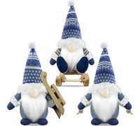 Gehydy Christmas Gnomes Decorations Set of 3 Mini Gnome with Sled Handmade Scandinavian Tomte Santa Xmas Decor for Home Kitchen Farmhouse Tiered Tray - Blue