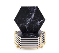 Geichan 6 Pieces Marble Coasters for Drinks, Absorbent with Cork Base, Hexagonal Drink Coasters for Wooden Table with Metal Holder, Gold Ceramic Cup Coasters in Rustic Home Decor (Black)