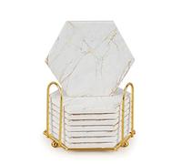 Geichan Marble Coasters with Holder,White and Gold Coasters set of 8 Absorbent for Cups,Tables & Home Decor,Ceramic Coasters for Birthday Housewarming Kitchen Bar