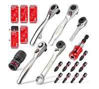 Geinxurn 16pieces Mini Ratchet Screwdriver Set, Mini 1/4 Square Wrench, Magnetic Locking Bit Holder, Quick Change Impact Adapter and Multi-Bits, Push-Pull Tin Case for DIY Projects