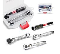 GEINXURN 4 Pcs Mini Ratchet Wrench & Bit Holder Set, 1/4" Drive Ratchet Handle Wrench, 72-T Quick-Release Reversible Socket Bit Spanner and Impact Extension Bit Holder with Case