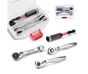 GEINXURN 4 Pcs Mini Ratchet Wrench & Bit Holder Set, 1/4" Drive Ratchet Handle Wrench, 72-T Quick-Release Reversible Socket Bit Spanner and Impact Extension Bit Holder with Case