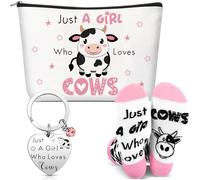 Geiserailie 3 Pcs Cow Lover Gift for Women Funny Cow Keyring Makeup Bag Sock Cow Just a Girl Who Loves Cows Keychain Cow Farmer Gift Animal Lover Gift