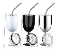 Geiserailie 3 Pieces 10oz/ 3 Pack Stainless Steel Wine Glasses with Lid Straw Double Wall Insulated Wine Tumbler Glass Tumbler with Straw Brush for Birthday Party Gifts (Black and White)
