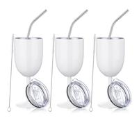 Geiserailie 3 Pieces 10oz/ 3 Pack Stainless Steel Wine Glasses with Lid Straw Double Wall Insulated Wine Tumbler Glass Tumbler with Straw Brush for Birthday Party Gifts (White)