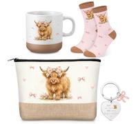 Geiserailie 4 Pcs Highland Cow Gifts for Women Includes Makeup Cosmetic Bag Keychain Mug and Socks Animal Lover Gifts for Mom, Auntie, Wife, Friends, Colleagues