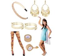 Geiserailie 5 Pcs Halloween Egyptian Princess Mummy Costume Kit Includes Leg Wraps Leg Straps Gold Swirl Snake Bracelets Earrings Gauze Diamond Headband for Women Adults Halloween Cosplay Party
