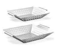 Geiserailie Grill Basket Pack of 2 M/L (20.5 x 24.5 x 4 cm / 31 x 26 x 6 cm) Stainless Steel Grill Tray for Vegetables, Meat, Fish | Gas, Electric, Charcoal Grill | Dishwasher Safe, Rustproof