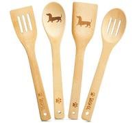 Geiserailie Set of 4 Wooden Kitchen Utensils with Dachshund Pattern, Wooden Spoon and Spatula for Women and Men, Funny Opening and Christmas Gift