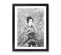 Geisha & Cherry Blossoms By Ogawa Kazumasa Asian Japanese Framed Print | A2 Black Framed Wall Art | Ready to Hang | Asian Floral Picture | Living Room Bedroom Lounge Office