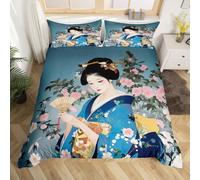 Geisha Duvet Cover King Size,Cherry Blossom Pink Floral Bedding Set,Blue Kimono Print Quilt Cover 3 Piece Japenese Tradition Romantic Aesthetic Bed Set For Women Teens