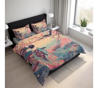 Geisha Duvet Cover, Oriental Japanese Style Bedding Sets King Size, Reversible Print Breathable Quilt Cover with 2 Pillowcases, Zipper Closure, Bedroom Decor