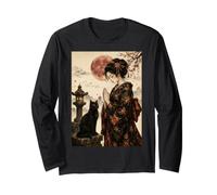 Geisha Greeting Black Cat by Stone Lantern Japanese Artwork Long Sleeve T-Shirt