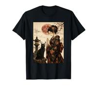 Geisha Greeting Black Cat by Stone Lantern Japanese Artwork T-Shirt