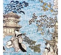 Geisha Japanese Pagoda Oriental Twill Floral Curtain Fabric Material - 280CM Extra Wide Textile - Blue, Mustard (PER METRE)