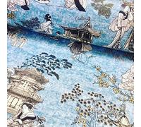 Geisha Japanese Pagoda Oriental Twill Floral Curtain Fabric Material - Blue, Mustard (Sample 10cm x 10cm)