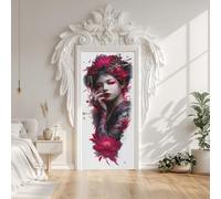 Geisha Japanese Style Flower Kimono Door Sticker Self-Adhesive 90X200 cm, Traditional Japan Anime Gothic Door Stickers Poster Removable Vinyl Wallpaper Poster for Interior Bedroom Decor