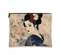 Geisha Makeup Bag, Vintage Japanese Floral Cosmetic Travel Pouch for Women, Portable Small Canvas Zipper Organizer, Perfect Choice for Festivals, Beige, 7x9 Inch, Floral