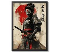 Geisha Ninja Anime Poster, Japanese Art Print, Manga Style Samurai Poster, Bedroom Wall Art, A4 (Black Frame) - 32.7x24.1cm