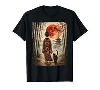 Geisha Walking Through Bamboo Forest Japanese Black Cat Art T-Shirt