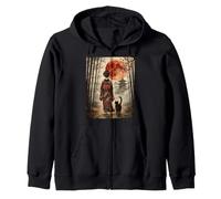 Geisha Walking Through Bamboo Forest Japanese Black Cat Art Zip Hoodie