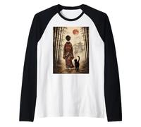 Geisha Walking Through Bamboo Forest with Black Cat Red Moon Raglan Baseball Tee