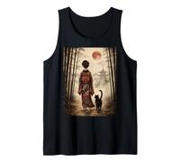 Geisha Walking Through Bamboo Forest with Black Cat Red Moon Tank Top