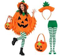 Geisterkostüm Damen 4-teilig, Halloween Kostüm Erwachsene mit Umhang mit Kapuze, Haarreif, Strumpfhose und Süßigkeitentasche, Lustiges Gespenst Outfit für Halloween Party