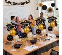 Gejoy 32 Pcs 12" Graduation Balloons Decorations, Graduation Cap Balloons, Black Gold Foil Grad Decor with 4 Set Balloon Columns for Class Grad Party Ceremony Decorations
