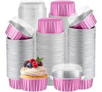 Gejoy 400 Pcs Aluminum Foil Baking Cups with Lids 5 oz Disposable Ramekins Mini Cake Pans Creme Brulee Cupcake Liners Muffin Dessert Container for Wedding Birthday Party (Classic,Dark Pink)