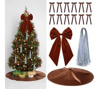 Gejoy Christmas Ornaments Set-12 Brown Velvet Bows, 1 Christmas Tree Skirt, 1 Large Tree Topper Bow, 5000 Strands Silver Tinsel Icicles for Xmas Trees Wreaths Fireplace and Gifts Decor(Brown)
