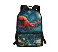 Gekhuqory Basics Backpack, 17-Inch Laptop Rucksack with Water Bottle Holder for Men Women, School Work Travel Bag, Starry Night Octopus Print