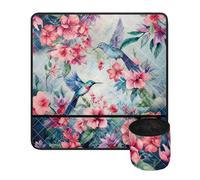 Gekhuqory Pink Flower Print Sewing Machine Mat with Pockets Hummingbird Fashion Non Slip Sewing Machine Pad Organizer to Reduce Noise Waterproof