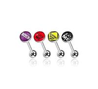 Gekko Body Jewellery 4 Pack of Surgical Steel 14 Gauge (1.6mm) Rude Word Tongue Bars with Epoxy Dome Ball